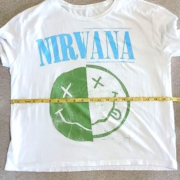 Nirvana White Blue Green Distressed Graphic Crop T-Shirt Top - Size Large - Picture 5 of 8